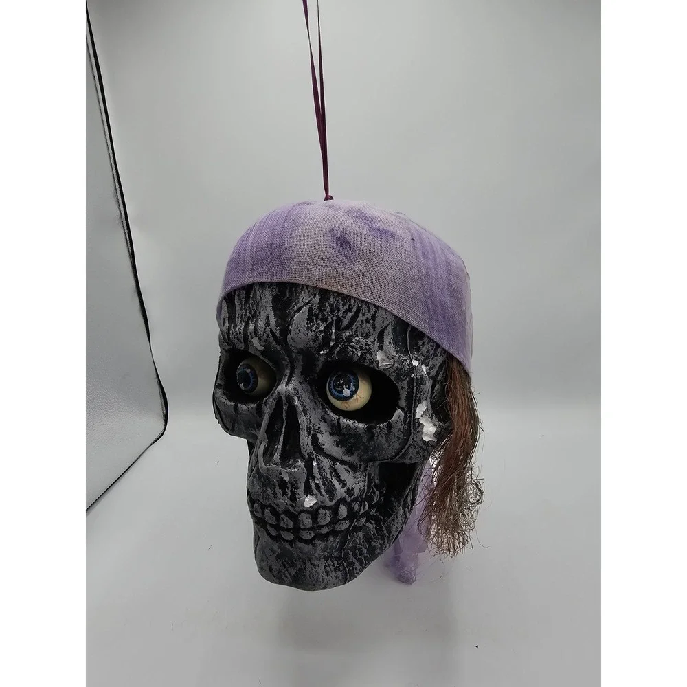 Vintage Hanging Skull Styrofoam Pirate Purple Cap Bulging‎ Eyes Halloween Prop